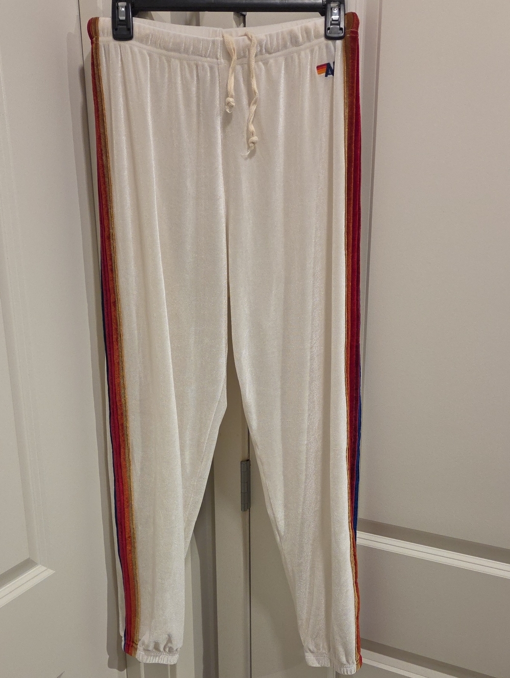 Aviator Nation Cream Velour Track Pants with Rainbow Side Stripe